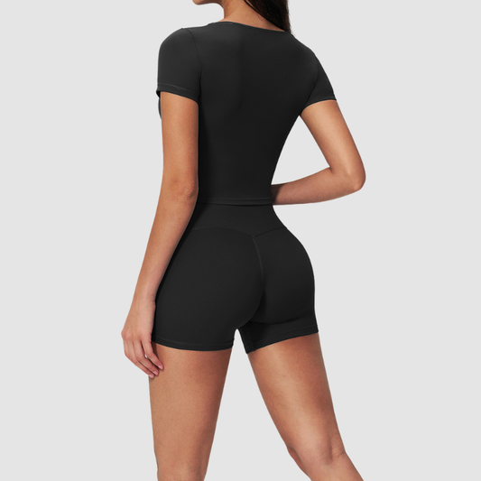 Wholesale Seam-Detail Cropped Short-Sleeve Top & High-Waist Biker Shorts Set – Brushed Yoga 2-Piece