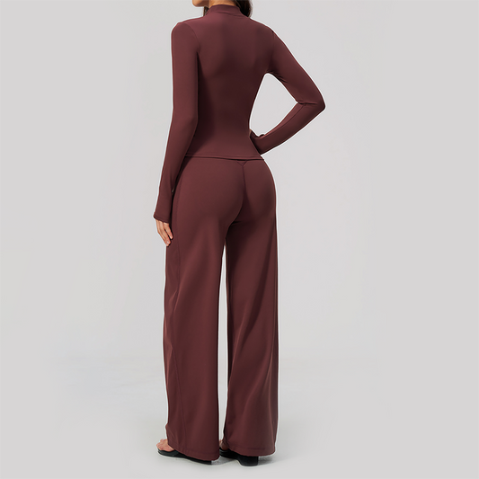 Wholesale Women's Zip-Up Yoga Jacket Set – Relaxed Wide-Leg Pants Activewear Set