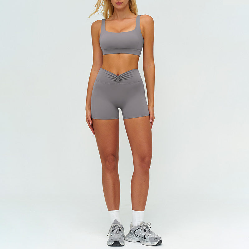 Square neckline backless sports bra + athletic slimming shorts 2-piece set