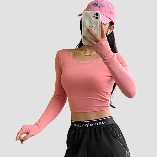 Wholesale Women's Crop Open Back Yoga Long Sleeve Top – Quick-Dry Fitness with Chest Pad