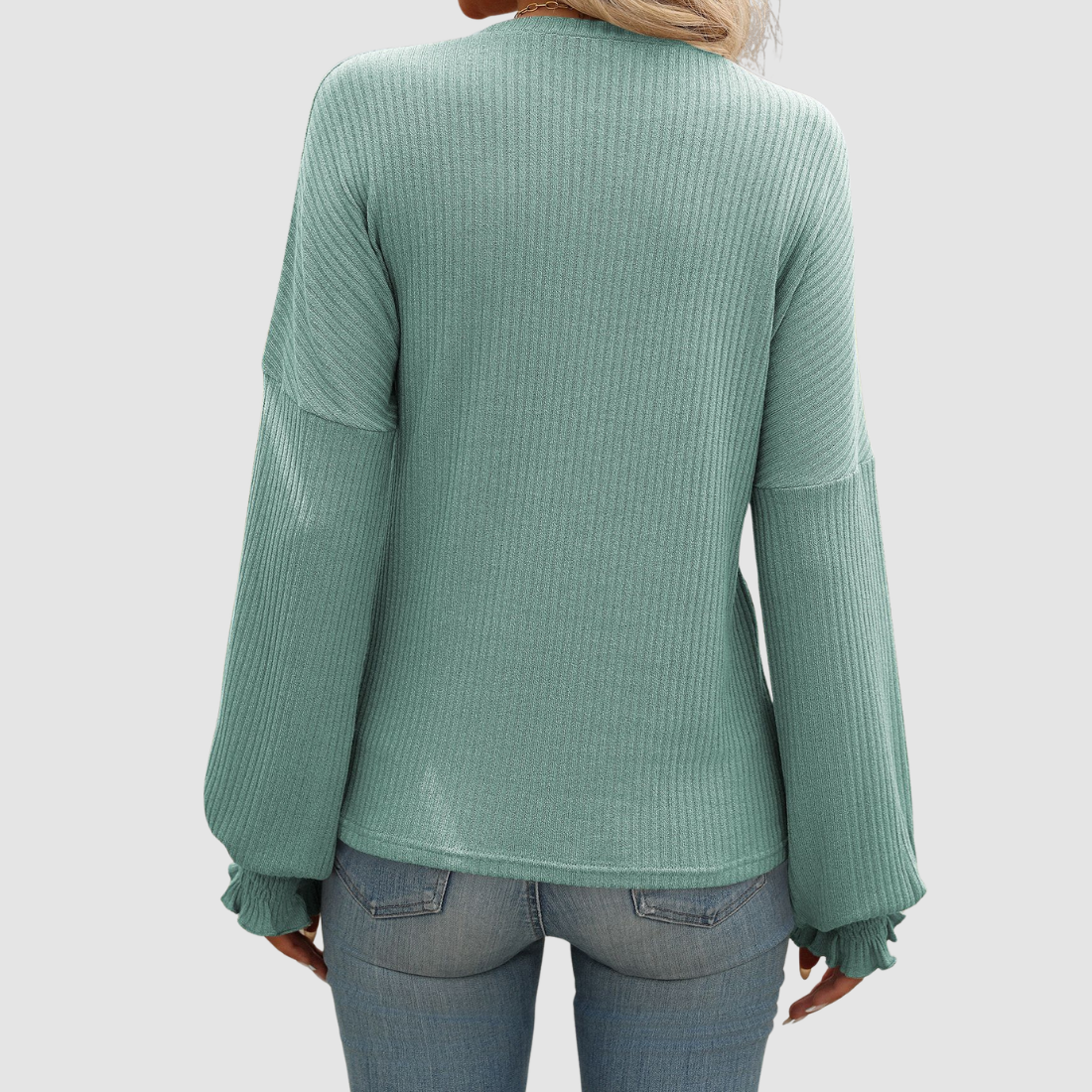 Wholesale Women's Ribbed Long Sleeve T-Shirt – Loose Ruffle-Sleeve Top