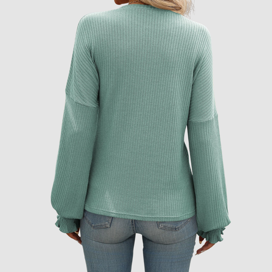 Wholesale Women's Ribbed Long Sleeve T-Shirt – Loose Ruffle-Sleeve Top
