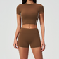 Wholesale Women's Brushed Short Sleeve Crop Top & High-Waist Shorts Set – Padded Yoga Fitness 2-Piece