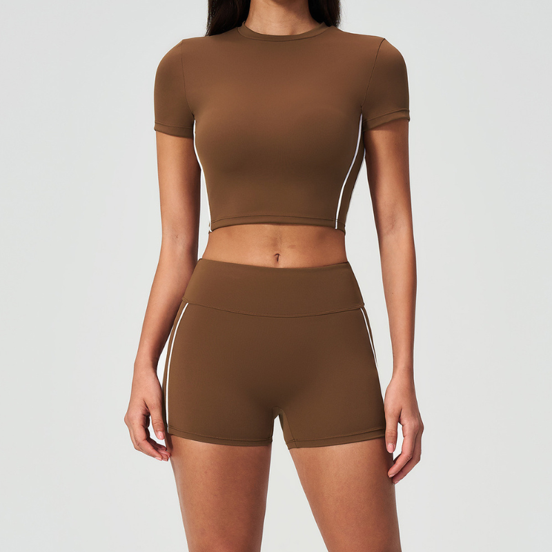 Wholesale Women's Brushed Short Sleeve Crop Top & High-Waist Shorts Set – Padded Yoga Fitness 2-Piece