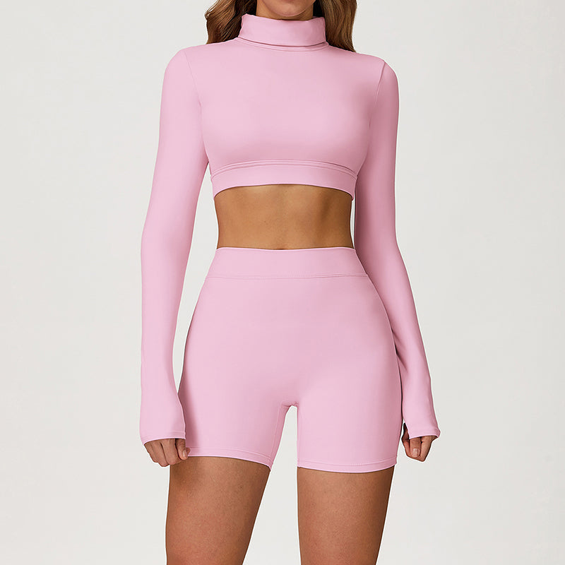 High-Neck Cropped Long Sleeve + Butt-Lifting Shorts 2-Piece Set
