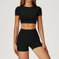 Round-neck short-sleeve fitted top+High-waist shorts 2-PIECE SET