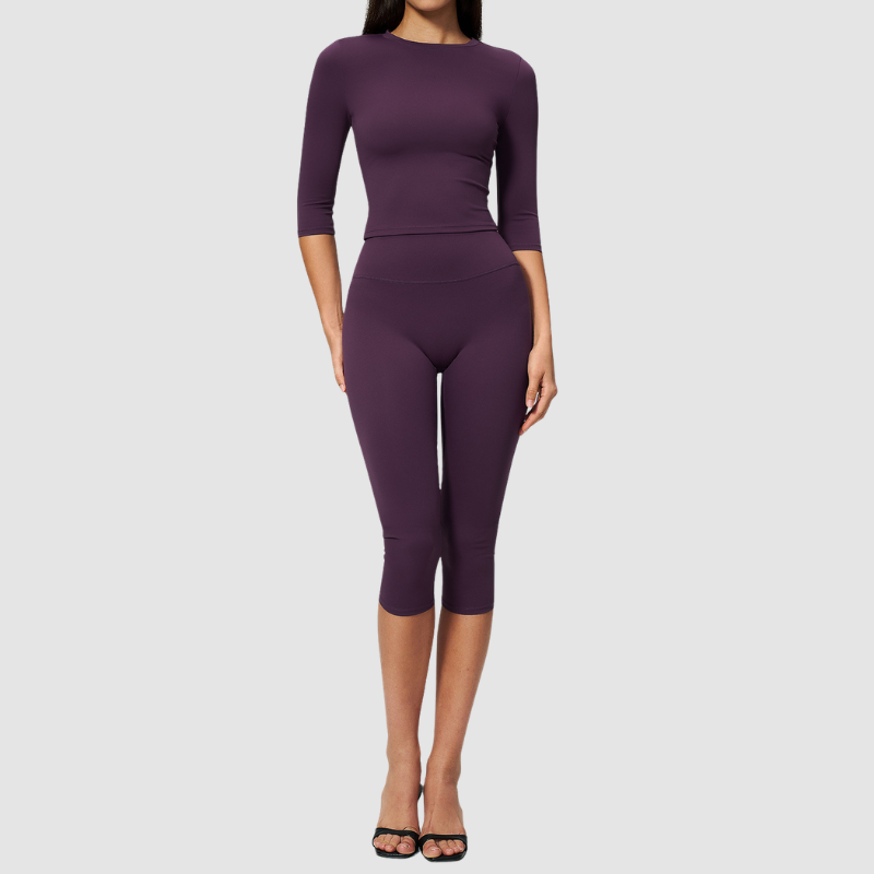 Wholesale Women's 3/4 Sleeve Crop Top & High-waisted Mid-Length Leggings Set