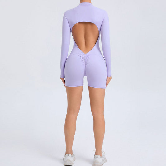 backless half zipper long sleeve yoga shorts jumpsuit