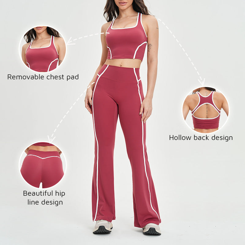 Women's contrasting color backless tank top + high-waisted flared pants 2-piece set