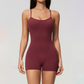 Wholesale Women's Cross-Back Yoga Bodysuit – Brushed Slim Fit Athletic Shorts Jumpsuit w/ Chest Pad