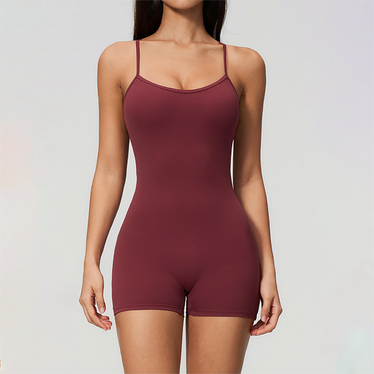 Wholesale Women's Cross-Back Yoga Bodysuit – Brushed Slim Fit Athletic Shorts Jumpsuit w/ Chest Pad