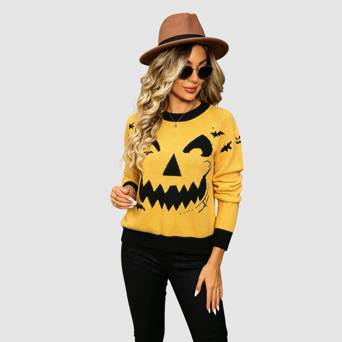 Wholesale Women's Halloween Witch Bat & Skull Knit Sweater – Yellow Round-Neck Pullover