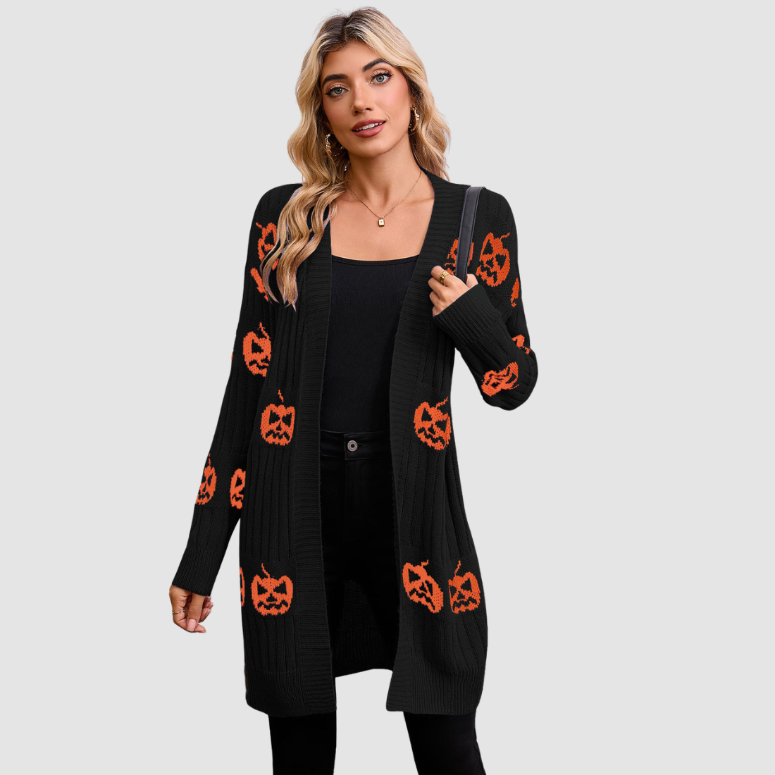 Wholesale Women's V-Neck Long Sleeve Halloween Witch Pumpkin Jacquard Cardigan