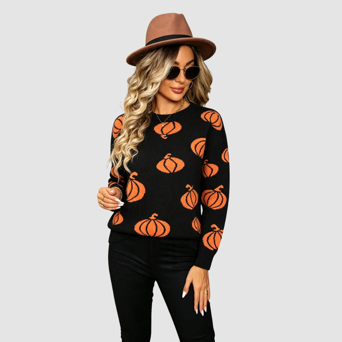 Wholesale Women's Halloween Witch Pumpkin Knit Sweater – Round-Neck Pullover