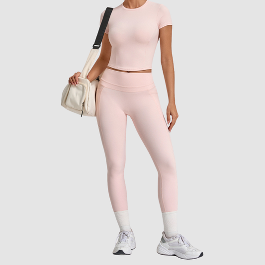 Wholesale Women's Naked-Feel Short Sleeve Top + High-Waist Leggings Set – Peach Lift Yoga Fitness Activewear