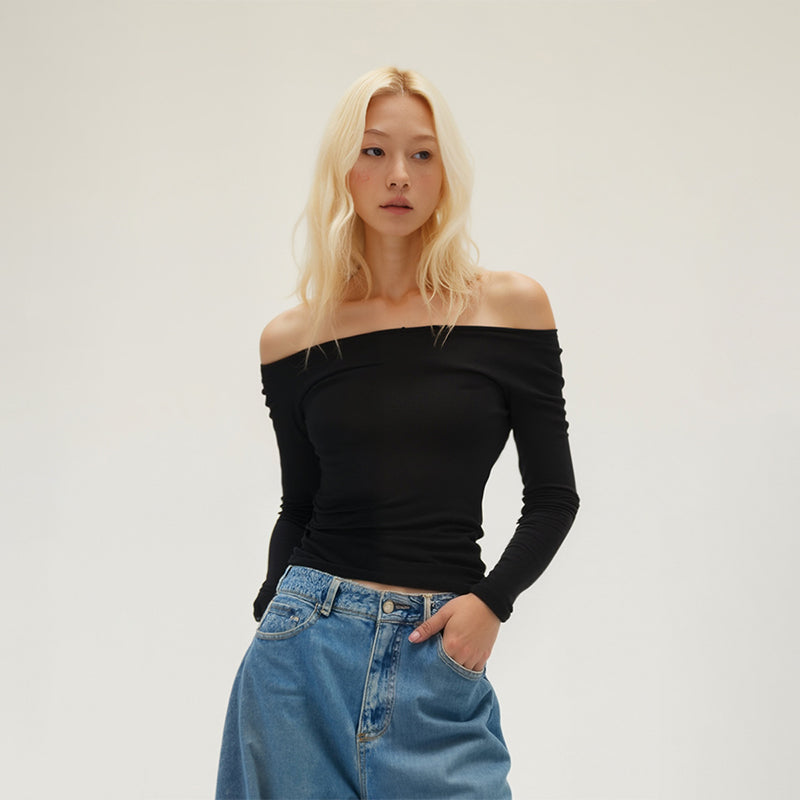 Boat neck slim waist bottoming shirt