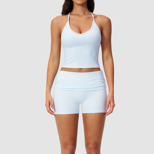 Wholesale women's brushed vest and fold-over hip-lifting shorts set