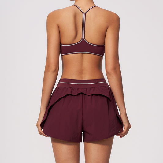 Wholesale Women's Brushed Yoga Set: V-Neck Strappy Bra & Shorts – Colorblock Tummy Control