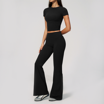 Wholesale Women's Buttery Soft Short Sleeve Crop Top & Flare Pants Yoga Set