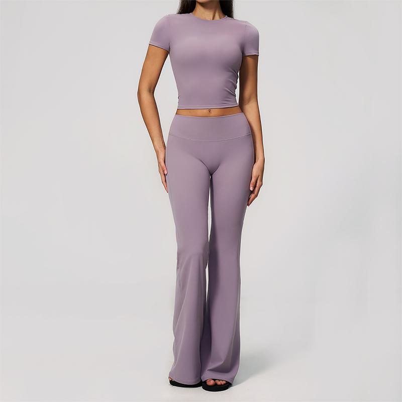 Wholesale Women's Buttery Soft Short Sleeve Crop Top & Flare Pants Yoga Set