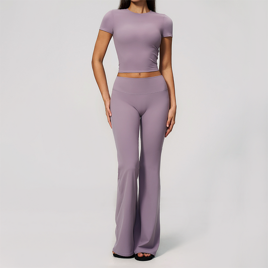 Wholesale Women's Buttery Soft Short Sleeve Crop Top & Flare Pants Yoga Set
