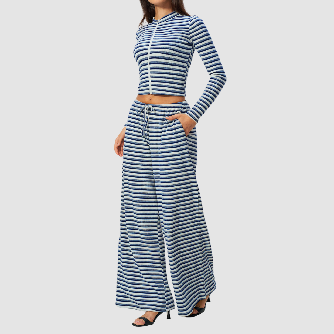 Wholesale Women's Stripe Yoga Set: Zip Stand-Collar Jacket & Wide-Leg Pants