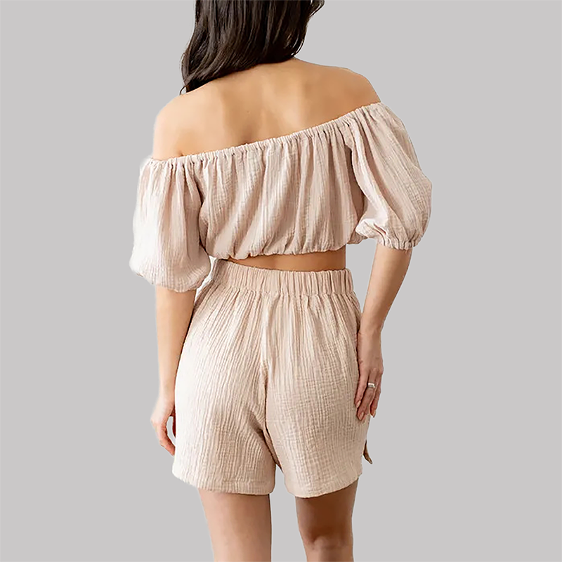 Wholesale Women's Off-Shoulder Shorts Set – Ruched Waist Two-Piece Casual Vacation Outfit