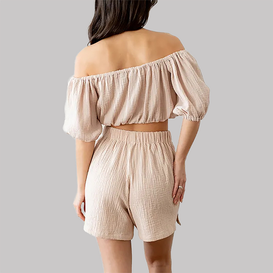 Wholesale Women's Off-Shoulder Shorts Set – Ruched Waist Two-Piece Casual Vacation Outfit