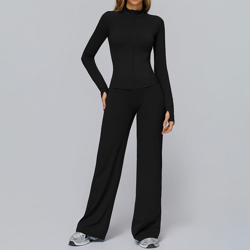 Zippered quick-drying sports jacket+High-waisted wide-leg sweatpants 2-piece set