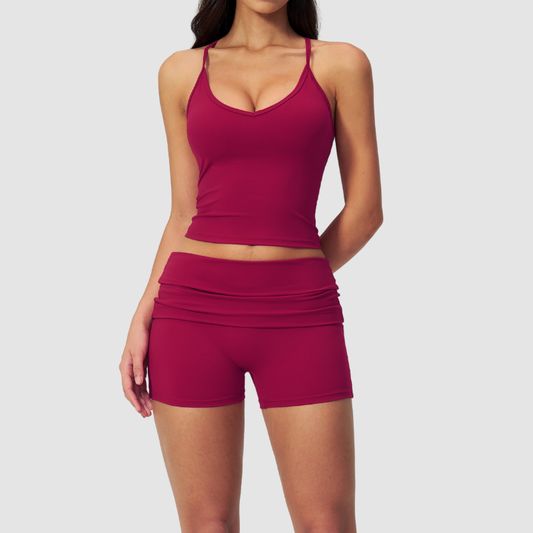 Wholesale women's brushed vest and fold-over hip-lifting shorts set