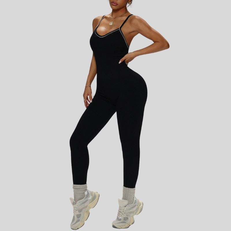 Contrast color jumpsuit with hollow back