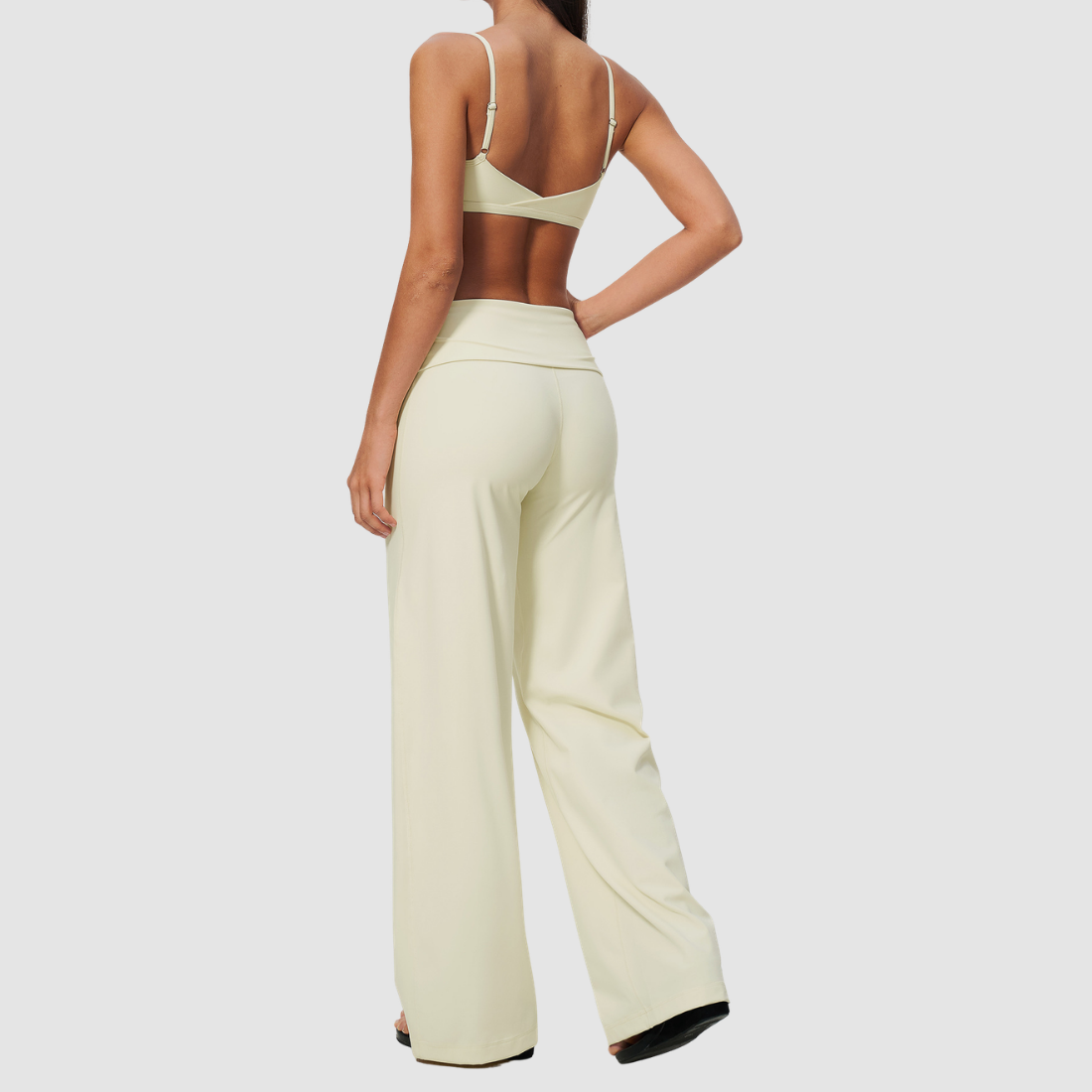 Wholesale Women's Brushed Yoga Set: Strappy Back Bra & Foldover Wide-Leg Pants