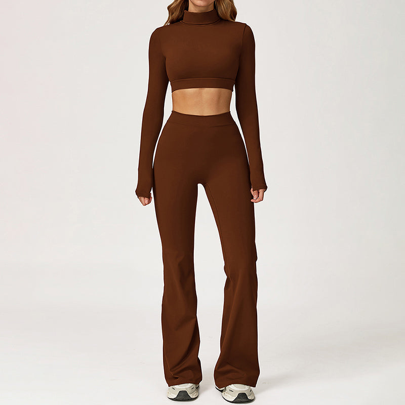 High-Neck Cropped Long Sleeve + Flared Leg Pants 2-Piece Set