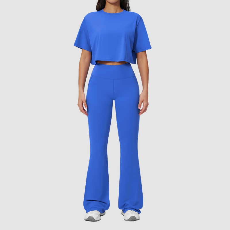 Wholesale round neck short sleeved top+flared pants 2-piece set
