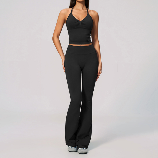 Wholesale Women's Seamless Yoga Set: Strappy Tank Top & Flare Pants – High-Stretch w/ Chest Pad