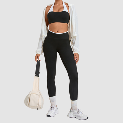 Wholesale Halter Neck Colorblock Yoga Set Sports Bra & Leggings – Naked Feel with Pocket