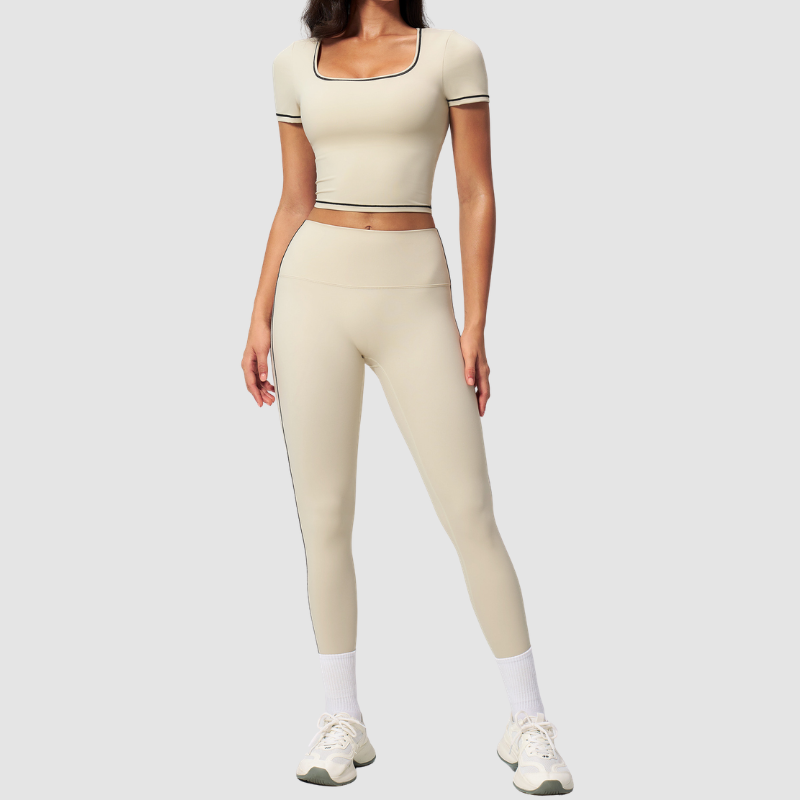 Wholesale Women's Seam-Detail Short Sleeve Crop Top + High-Waist Leggings Set – Butt-Lifting Yoga Gym Activewear