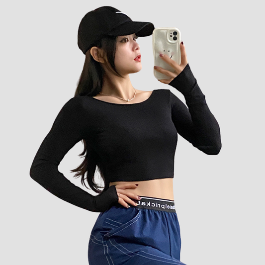 Wholesale Women's Crop Open Back Yoga Long Sleeve Top – Quick-Dry Fitness with Chest Pad