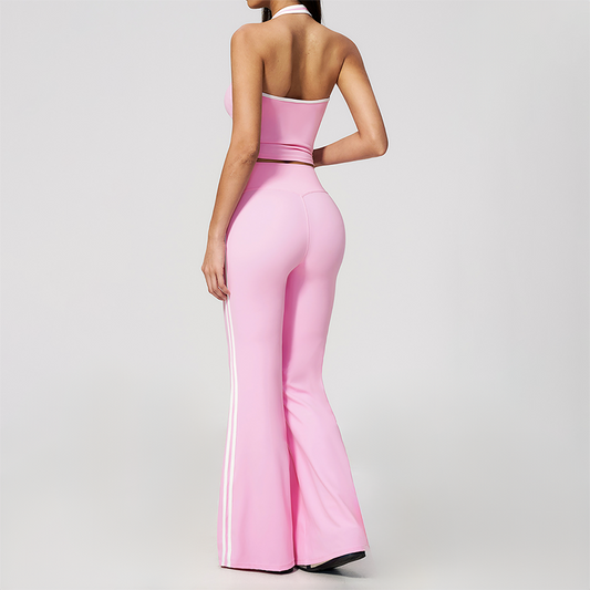 Wholesale Women's Bare-Feel Color-Block Tank Top & High waisted flared pants Set