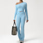 One-Shoulder Long Sleeve top + Crossover Waist Flared Pants 2-Piece Set