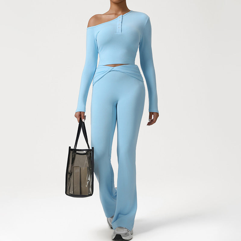 One-Shoulder Long Sleeve top + Crossover Waist Flared Pants 2-Piece Set