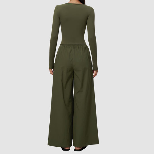 Wholesale Women's Brushed V-Neck Long Sleeve Top & Wide-Leg Pants Yoga Set