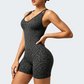 Wholesale Women's Seamless Leopard Print Yoga Bodysuit – Spaghetti Strap Open-Back Athletic Shorts Jumpsuit