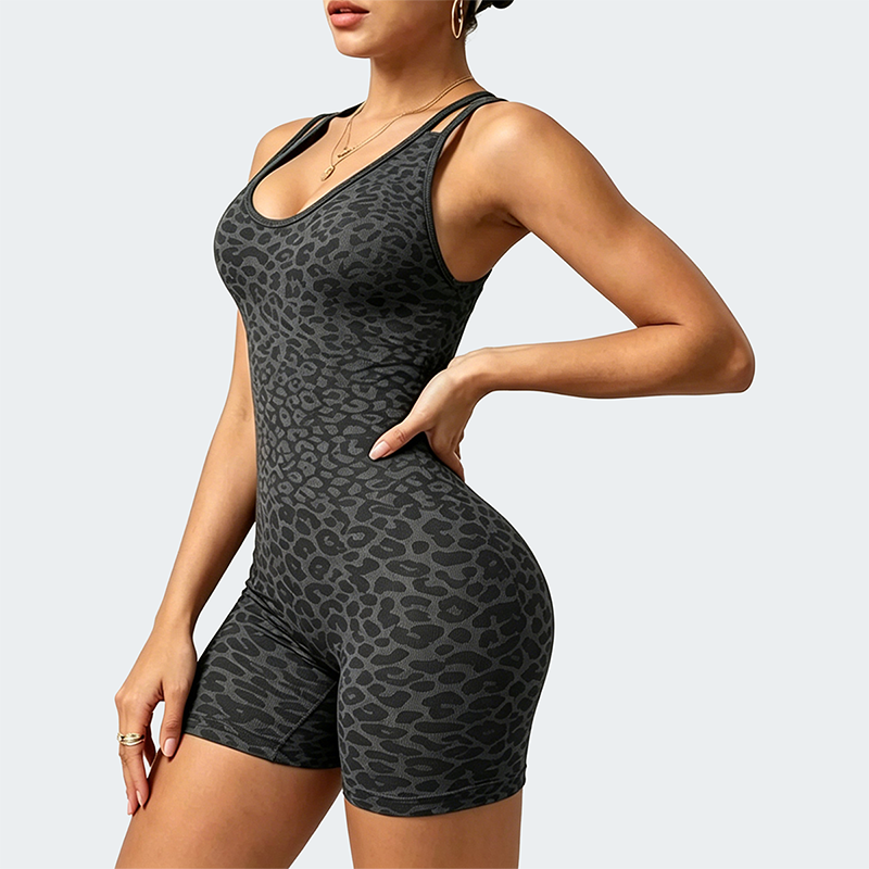 Wholesale Women's Seamless Leopard Print Yoga Bodysuit – Spaghetti Strap Open-Back Athletic Shorts Jumpsuit