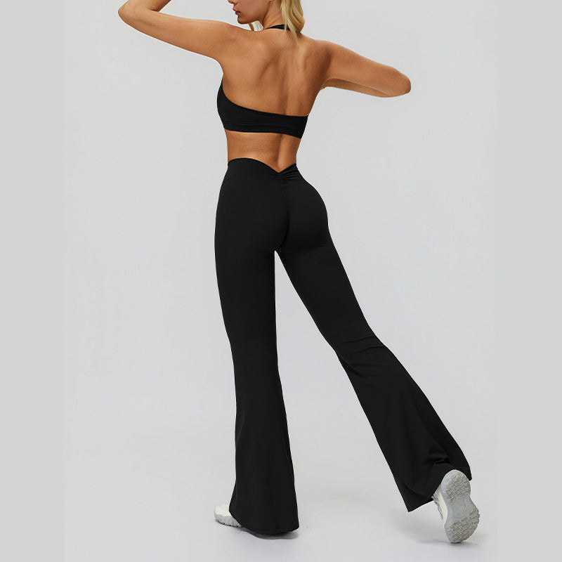 Halter sports bra+High waisted flared pants 2-piece set