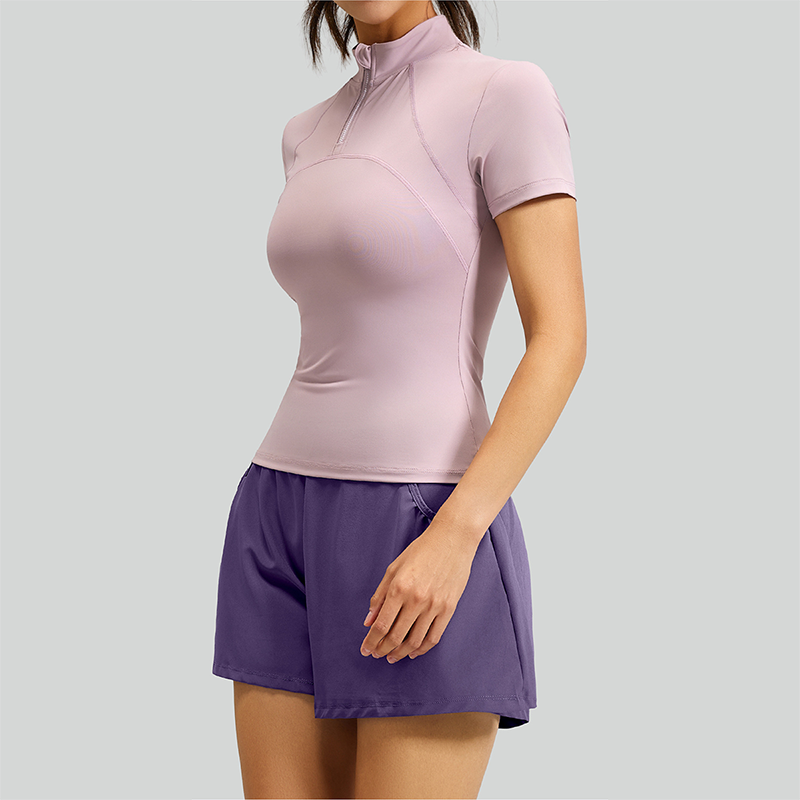Wholesale Women's Mesh Yoga Set: Half-Zip Short Sleeve Top & Shorts