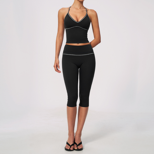 Wholesale Women's Brushed Yoga Set: Cross-Back Bra & Capri Pants – Colorblock Tummy Control