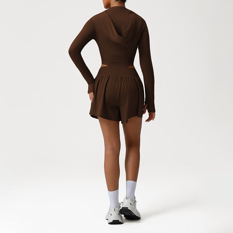 Snug-Fit Naked-Feel Hooded Jacket + High-waisted Loose Drawstring Shorts 2-Piece Set