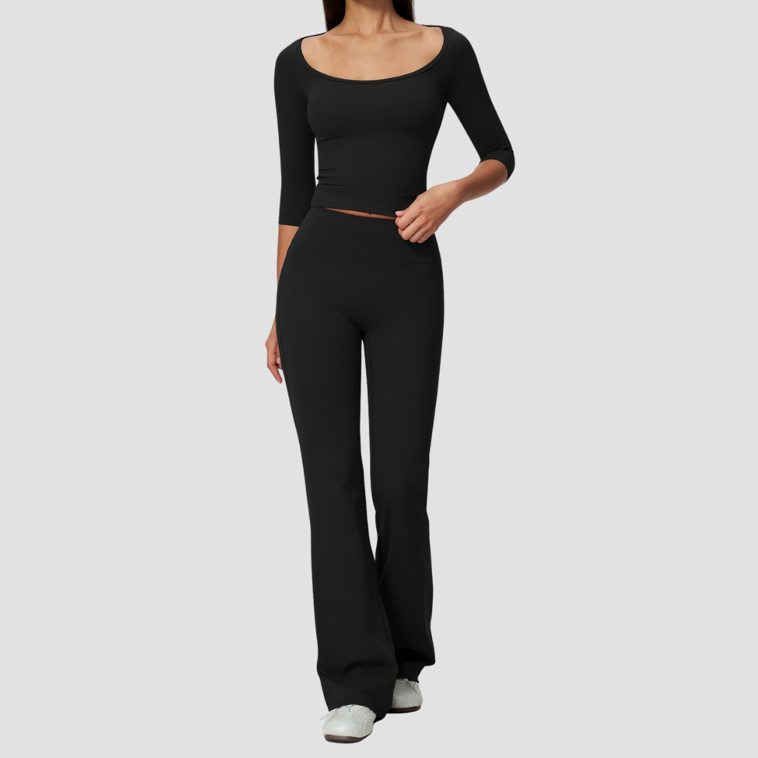 Wholesale Women's Round Neck Mid-Sleeve Tops + Flare Pants Yoga Set