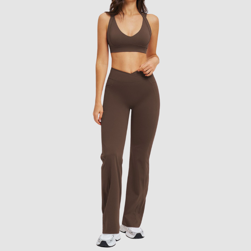 Wholesale Solid Color Halter Neck Sports Bra + High-Waisted Flare Pants
